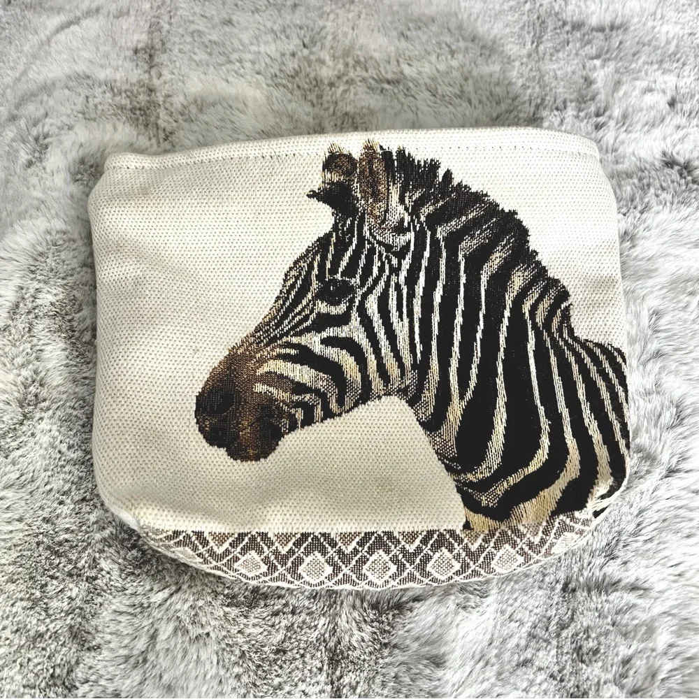 IOSIS Woven Tapestry Zebra Small Bag Made in France Chic Make Up Organizer